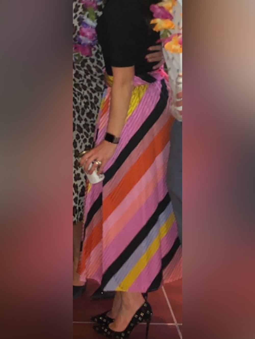 STINE GOYA Pink, Red, Yellow & Black Striped Pleated Midi Skirt- size medium